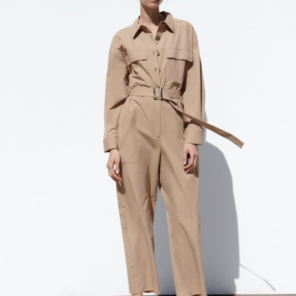 Zara | Pants & Jumpsuits | Nwt Zara Long Belted Jumpsuit Midcamel Ref ...
